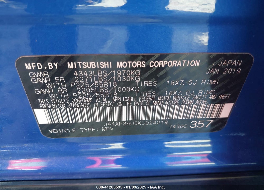 2019 MITSUBISHI OUTLANDER SPORT 2.0 ES VIN: JA4AP3AU3KU024219