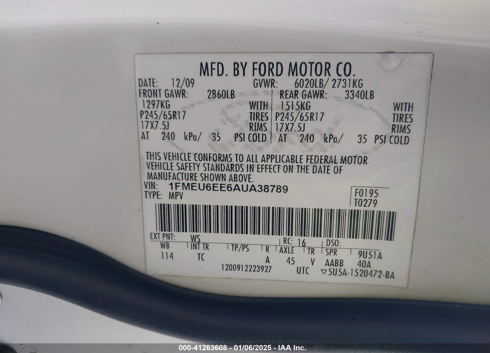 2010 FORD EXPLORER EDDIE BAUER VIN: 1FMEU6EE6AUA38789
