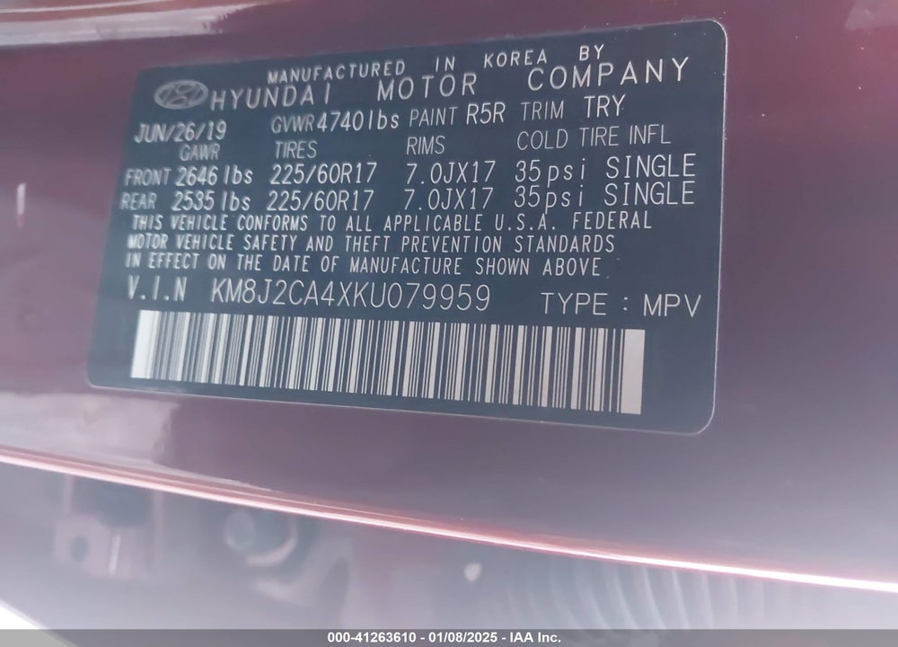 2019 HYUNDAI TUCSON SE VIN: KM8J2CA4XKU079959