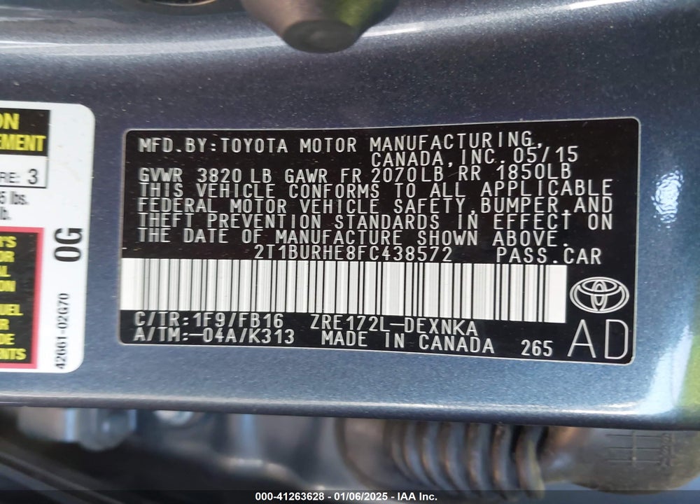 2015 TOYOTA COROLLA LE VIN: 2T1BURHE8FC438572