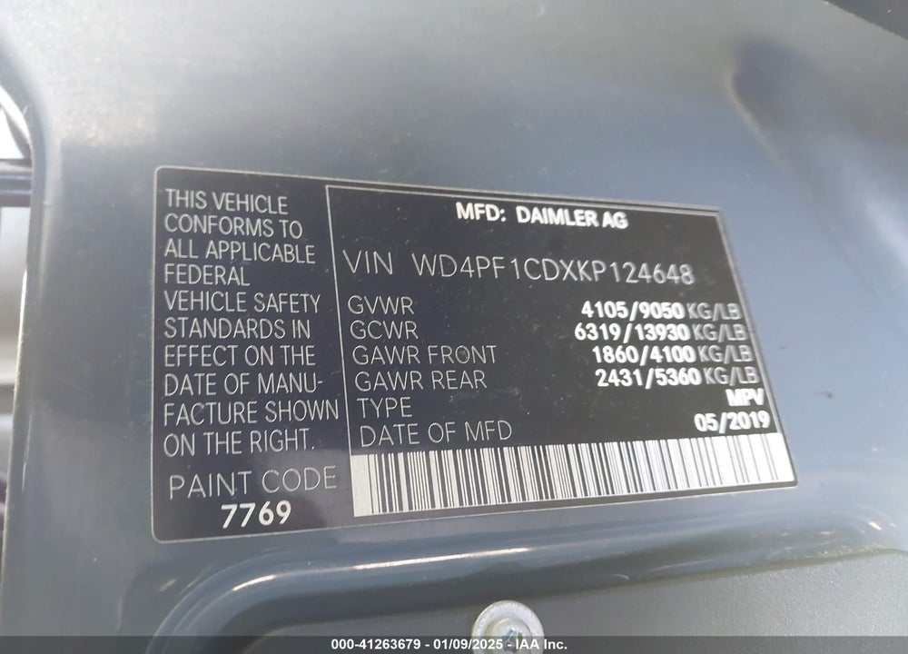 2019 MERCEDES-BENZ SPRINTER 2500 HIGH ROOF V6 VIN: WD4PF1CDXKP124648