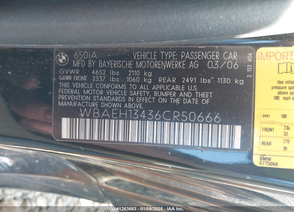 2006 BMW 650I VIN: WBAEH13436CR50666