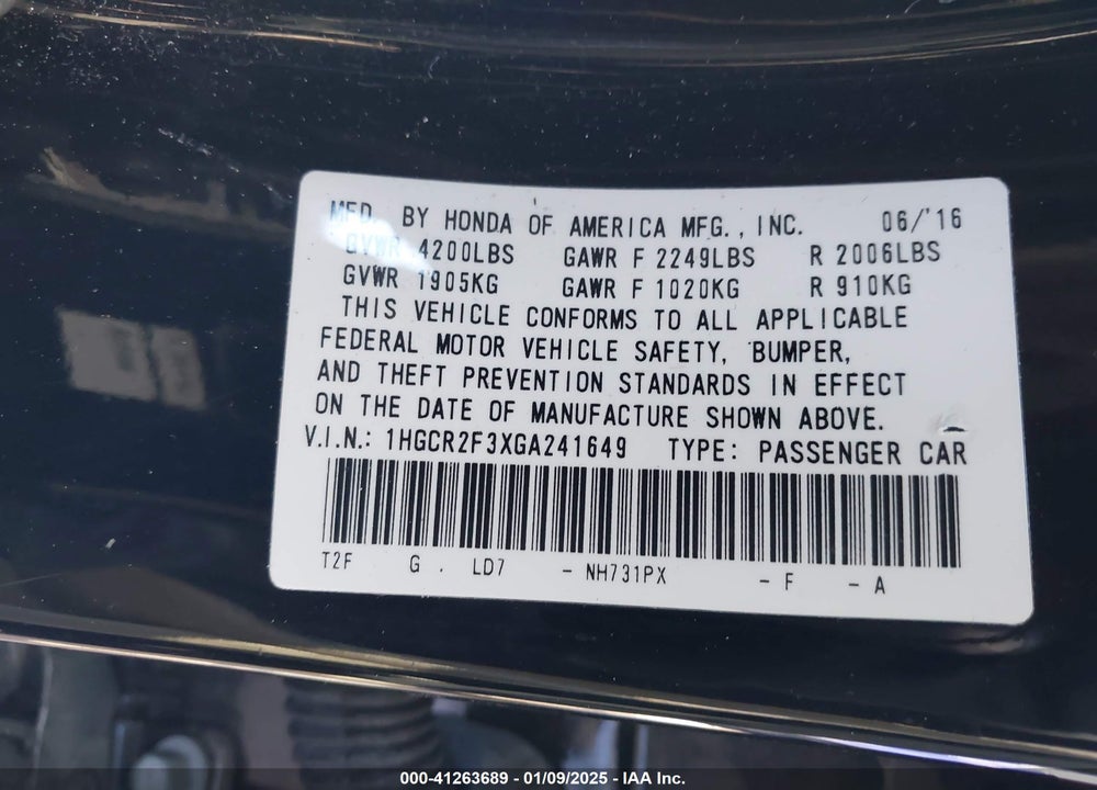 2016 HONDA ACCORD VIN: 1HGCR2F3XGA241649