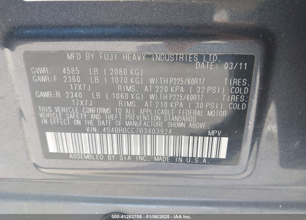 2011 SUBARU OUTBACK 2.5I PREMIUM VIN: 4S4BRBCC7B3403924