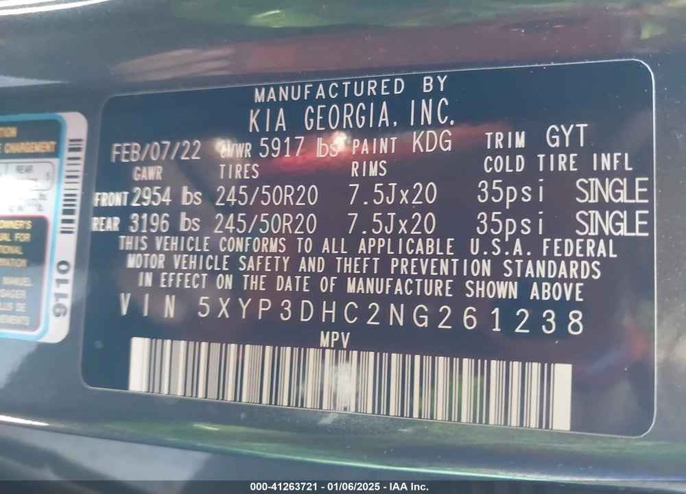 2022 KIA TELLURIDE EX VIN: 5XYP3DHC2NG261238