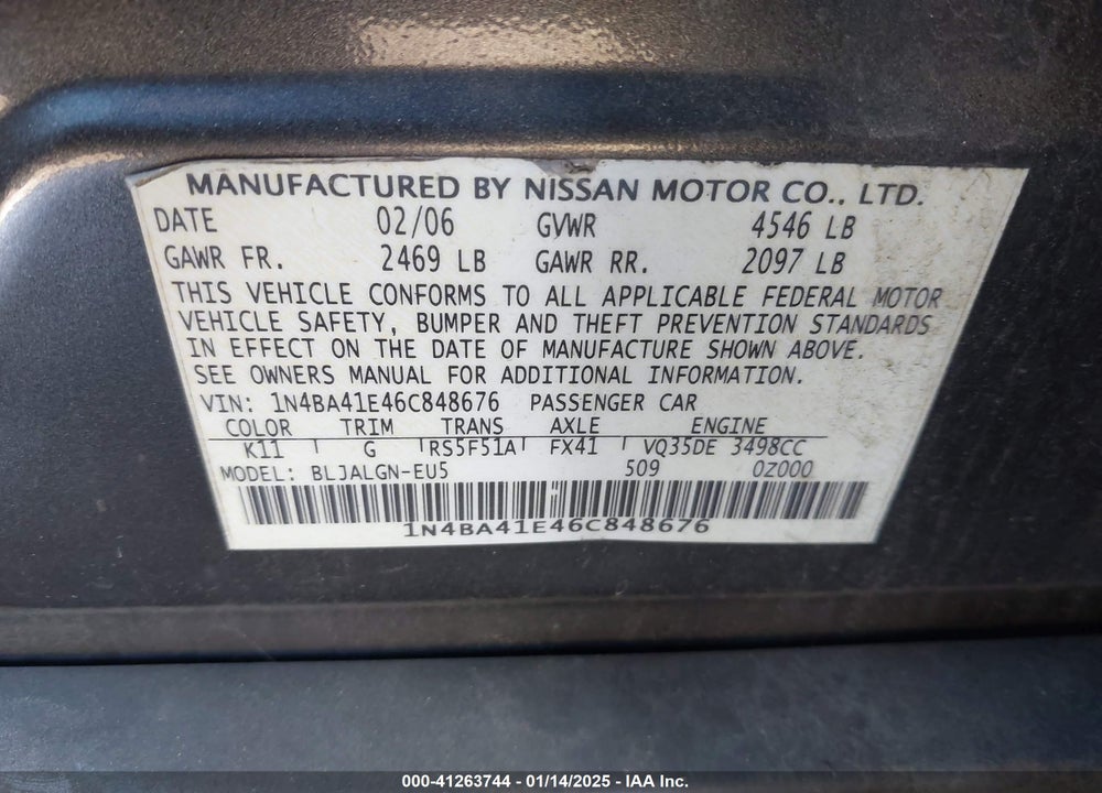 2006 NISSAN MAXIMA 3.5 SL VIN: 1N4BA41E46C848676