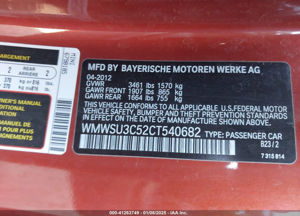 2012 MINI COOPER VIN: WMWSU3C52CT540682