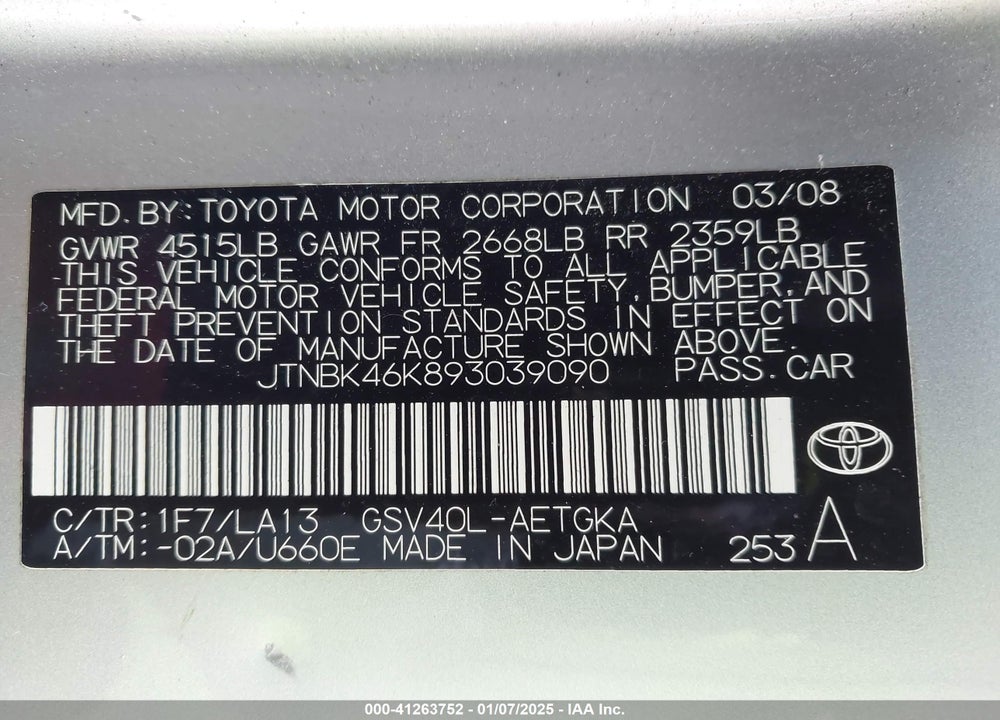 2009 TOYOTA CAMRY XLE V6 VIN: JTNBK46K893039090