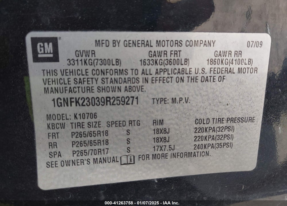 2009 CHEVROLET TAHOE LT2 VIN: 1GNFK23039R259271