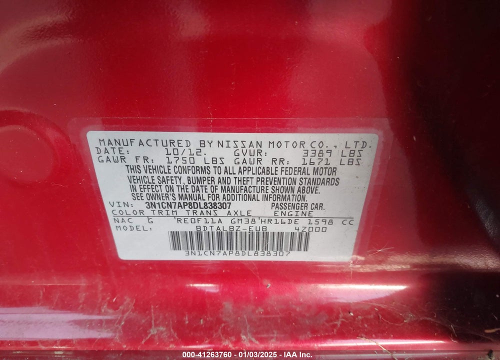 2013 NISSAN VERSA 1.6 SV VIN: 3N1CN7AP8DL838307