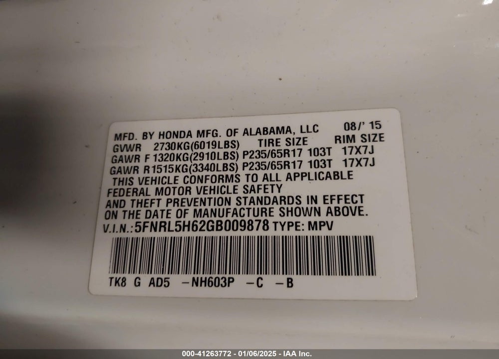2016 HONDA ODYSSEY EX-L VIN: 5FNRL5H62GB009878