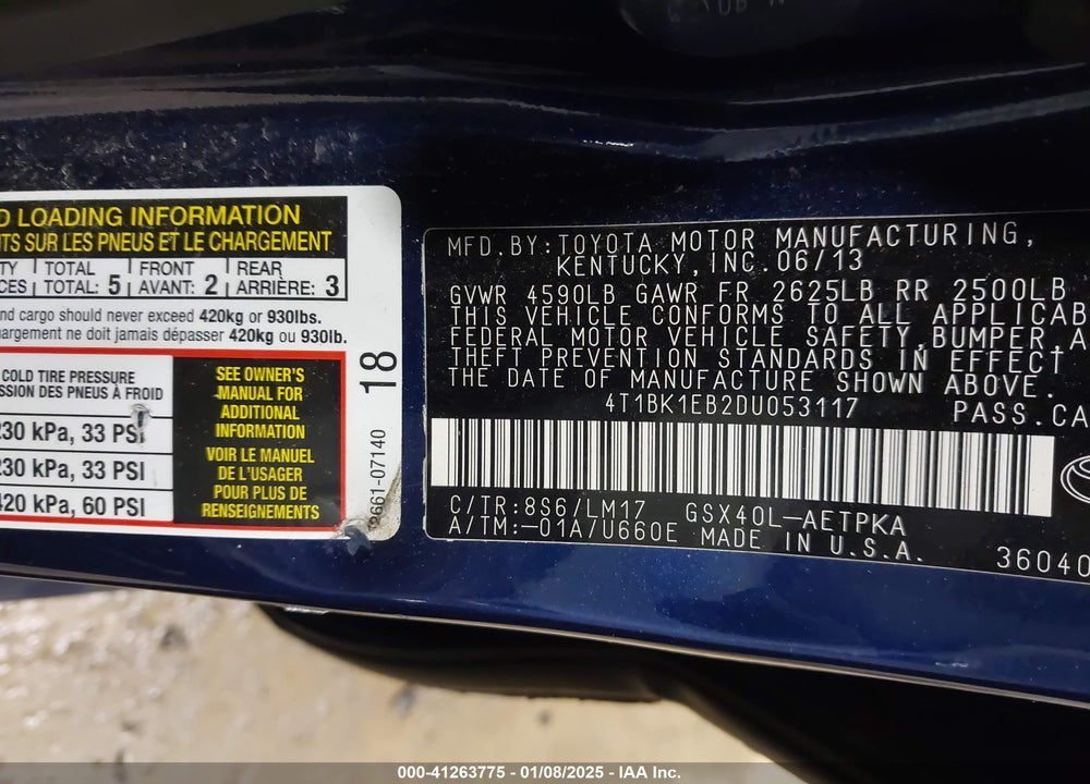 2013 TOYOTA AVALON LIMITED VIN: 4T1BK1EB2DU053117