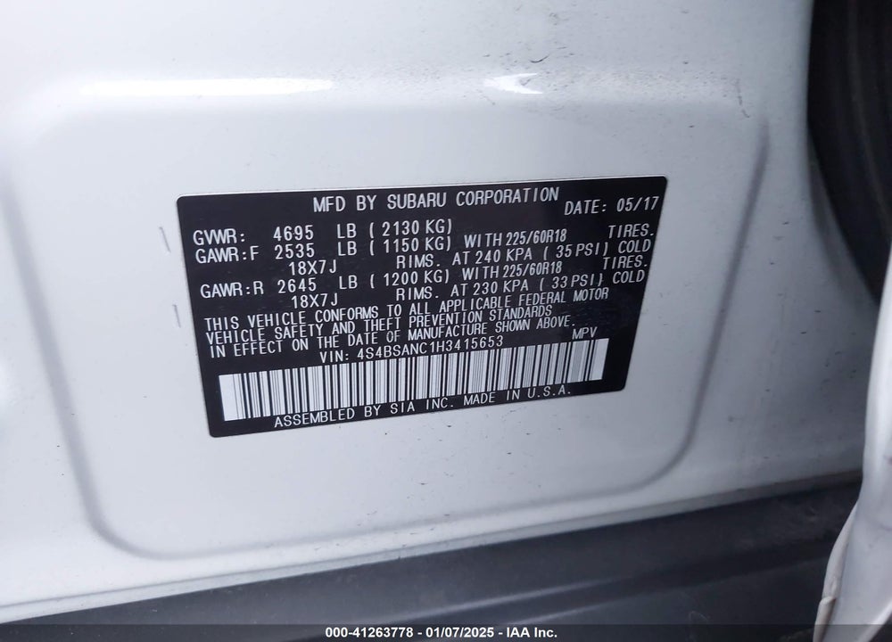 2017 SUBARU OUTBACK 2.5I LIMITED VIN: 4S4BSANC1H3415653