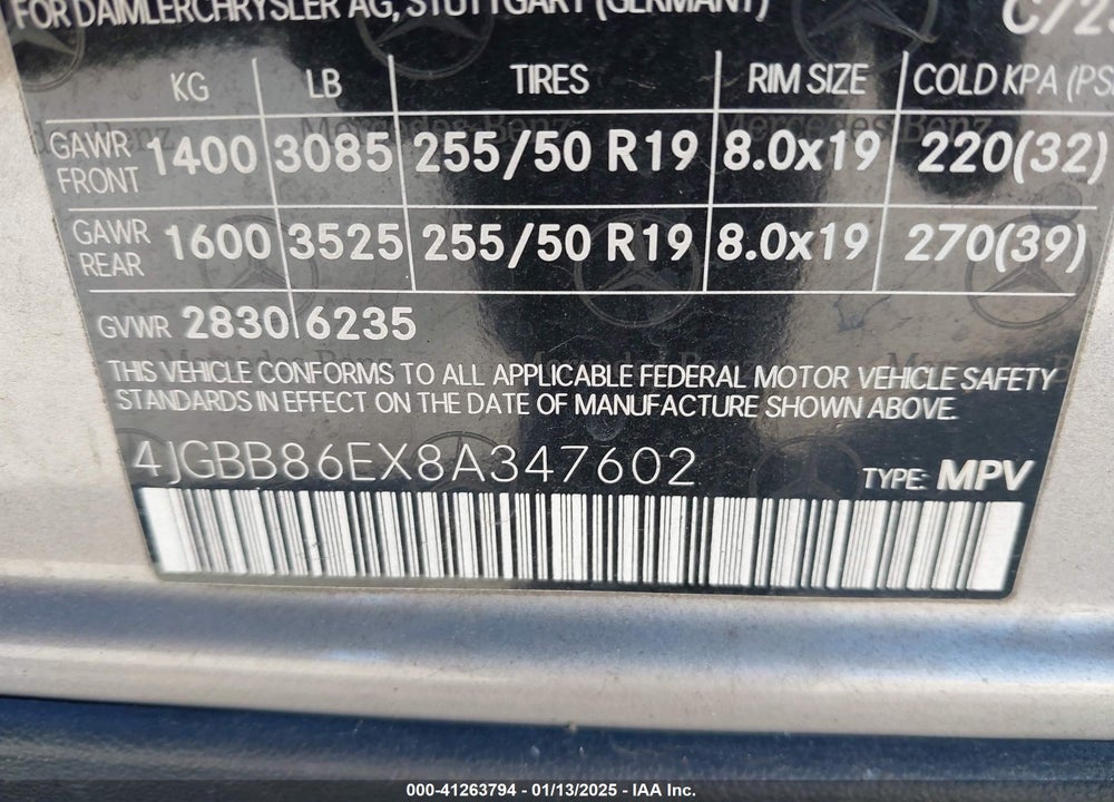 2008 MERCEDES-BENZ ML 350 4MATIC VIN: 4JGBB86EX8A347602