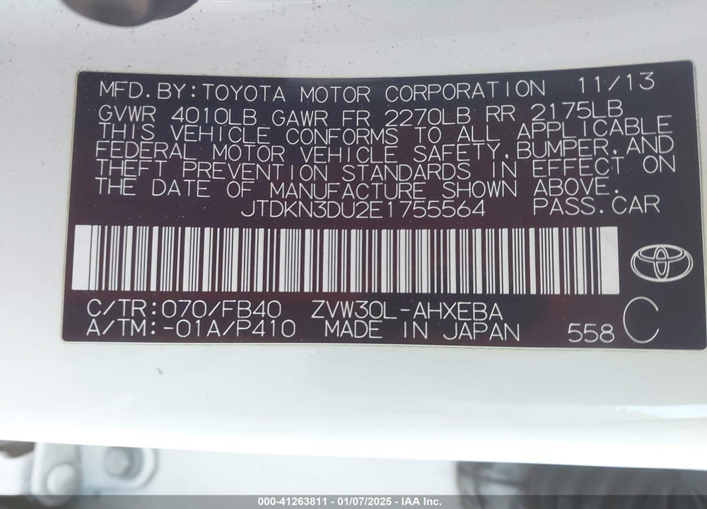 2014 TOYOTA PRIUS VIN: JTDKN3DU2E1755564