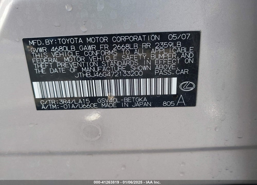 2007 LEXUS ES 350 VIN: JTHBJ46G472133200