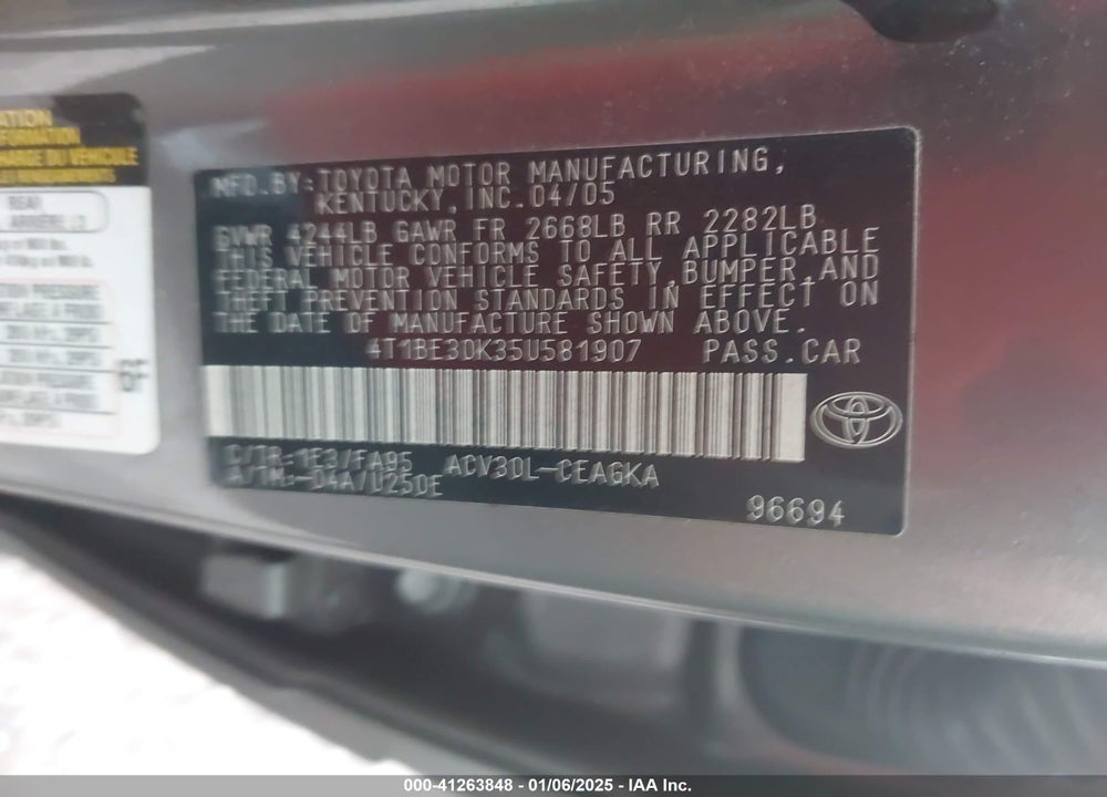 2005 TOYOTA CAMRY XLE VIN: 4T1BE30K35U581907