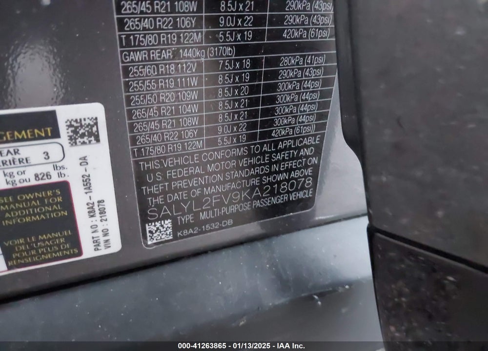 2019 LAND ROVER RANGE ROVER VELAR P340 R-DYNAMIC SE/P380 R-DYNAMIC SE VIN: SALYL2FV9KA218078