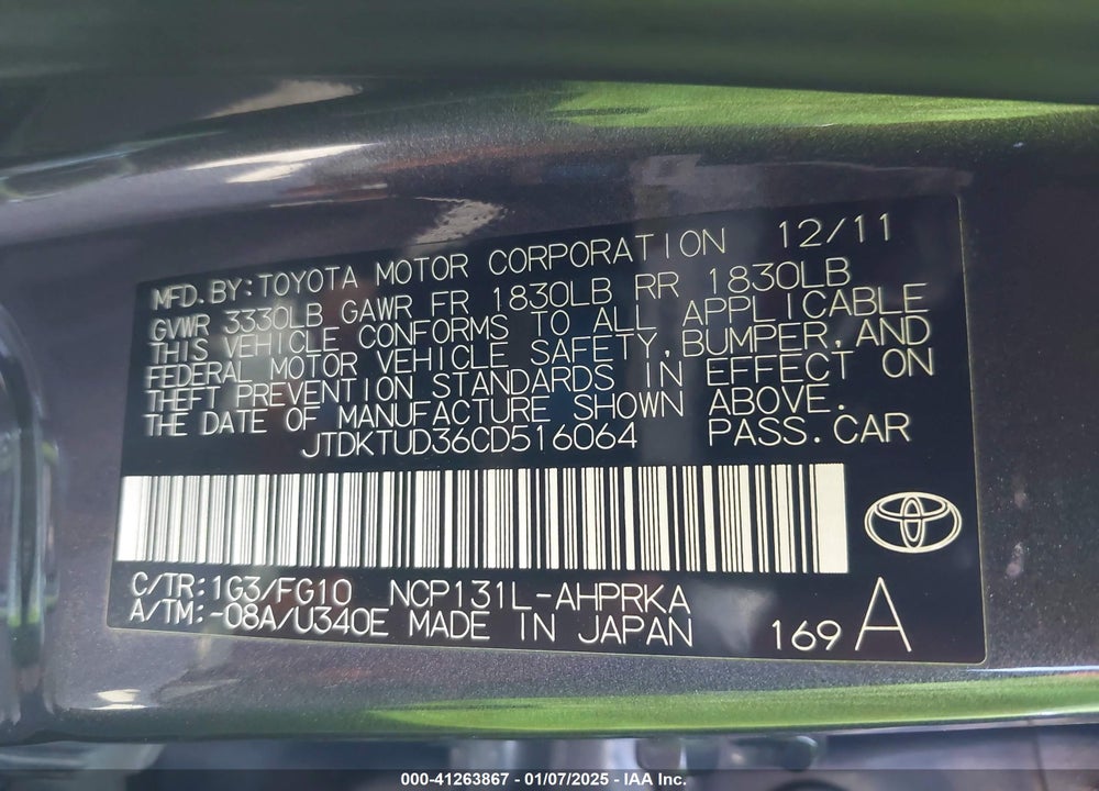 2012 TOYOTA YARIS VIN: JTDKTUD36CD516064