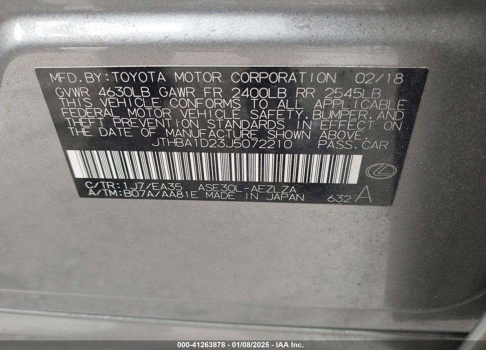 2018 LEXUS IS 300 VIN: JTHBA1D23J5072210