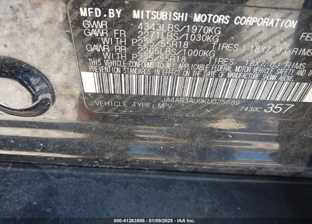 2019 MITSUBISHI OUTLANDER SPORT 2.0 LE VIN: JA4AR3AU9KU025689