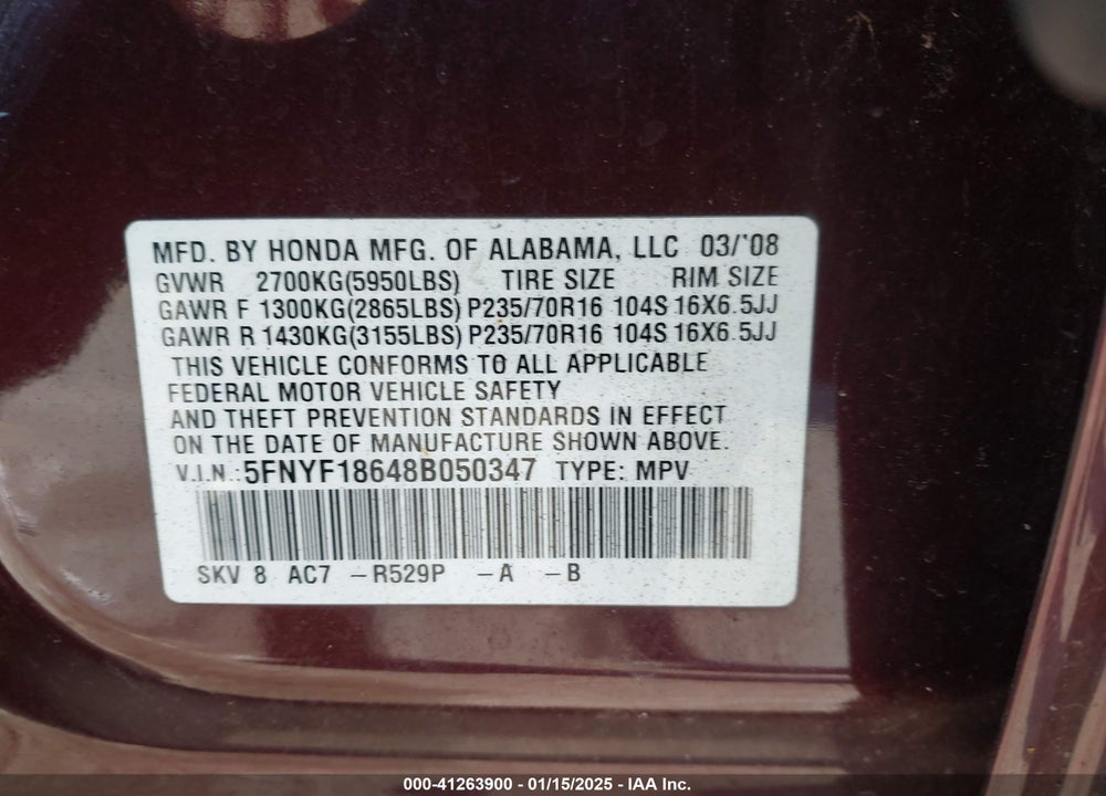 2008 HONDA PILOT VIN: 5FNYF18648B050347