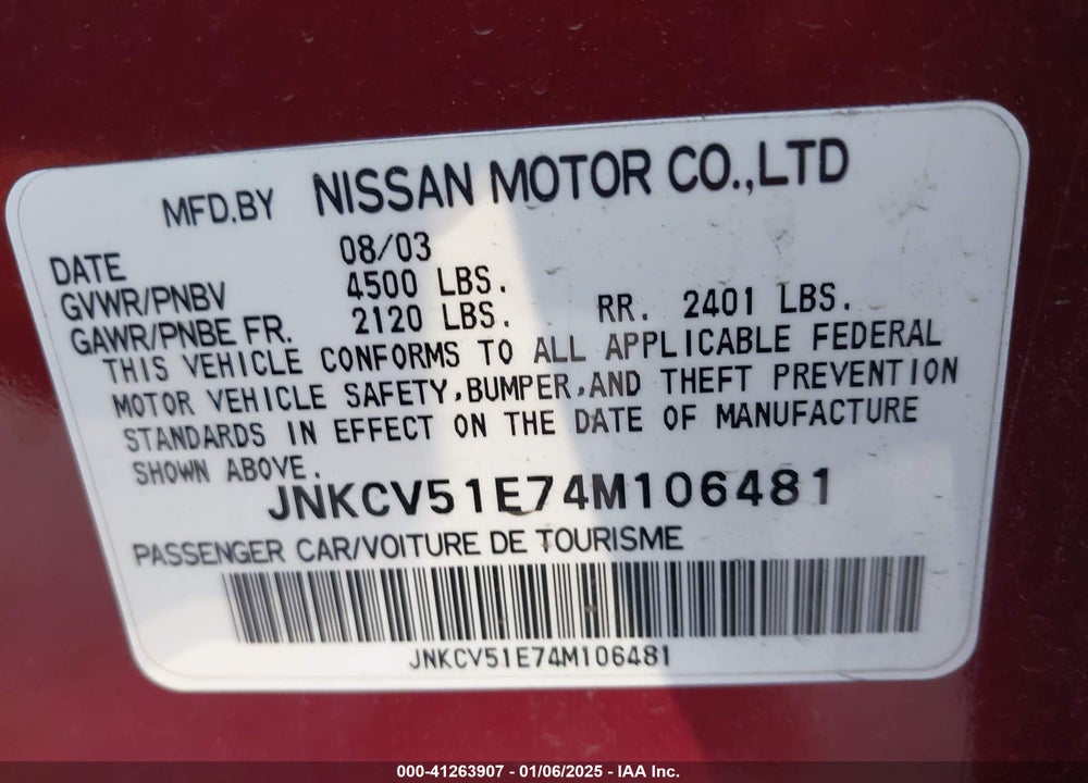 2004 INFINITI G35 VIN: JNKCV51E74M106481