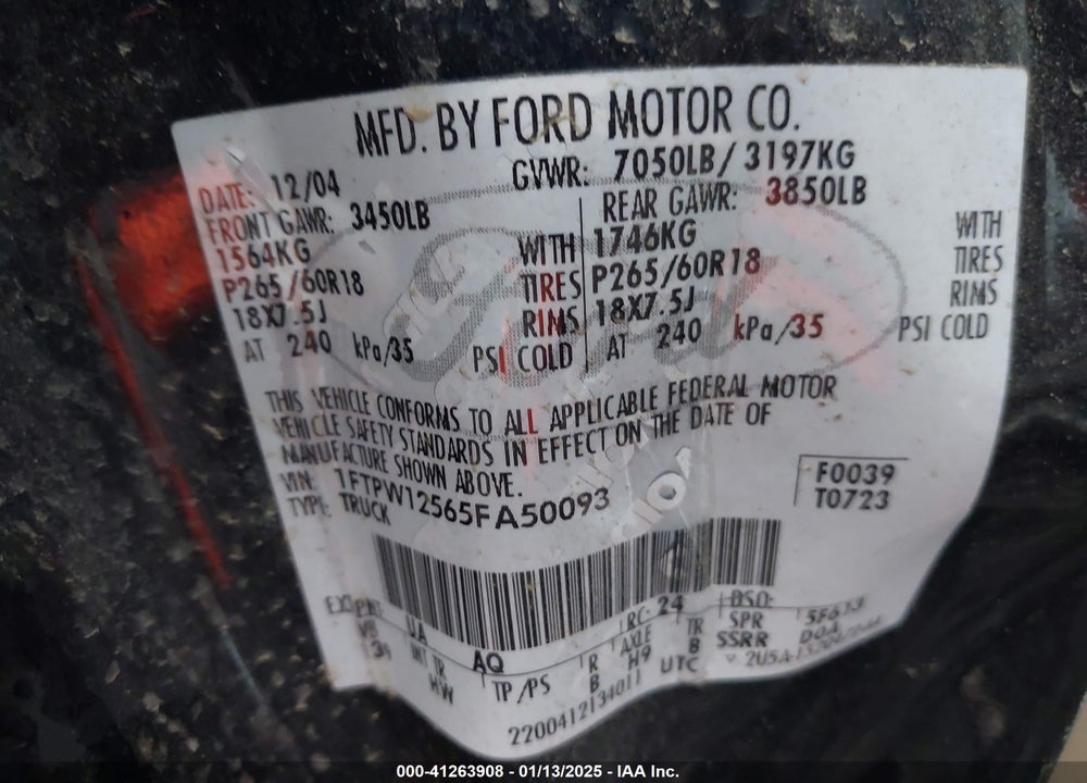 2005 FORD F-150 LARIAT/XLT VIN: 1FTPW12565FA50093