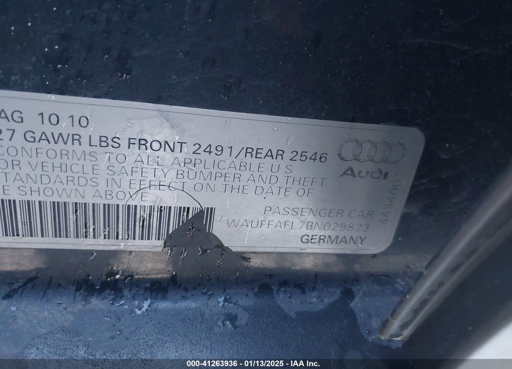 2011 AUDI A4 2.0T PREMIUM VIN: WAUFFAFL7BN029823