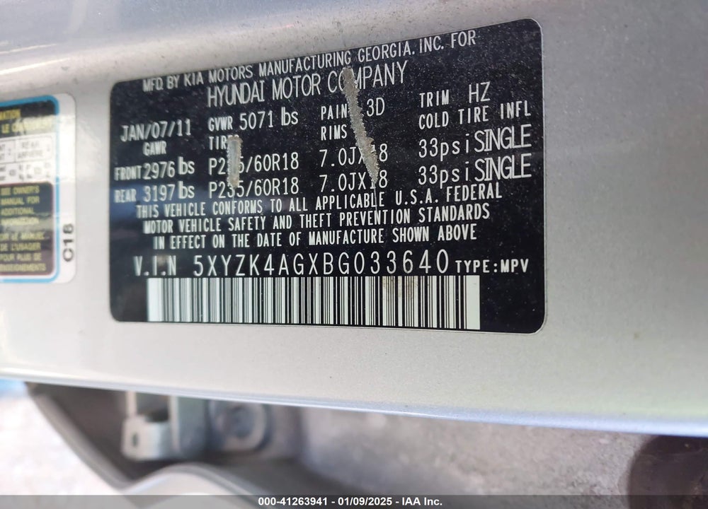 2011 HYUNDAI SANTA FE LIMITED V6 VIN: 5XYZK4AGXBG033640
