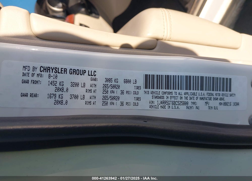 2011 JEEP GRAND CHEROKEE LIMITED VIN: 1J4RR5GT6BC525800
