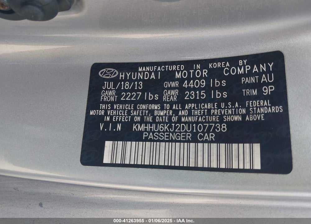 2013 HYUNDAI GENESIS VIN: KMHHU6KJ2DU107738