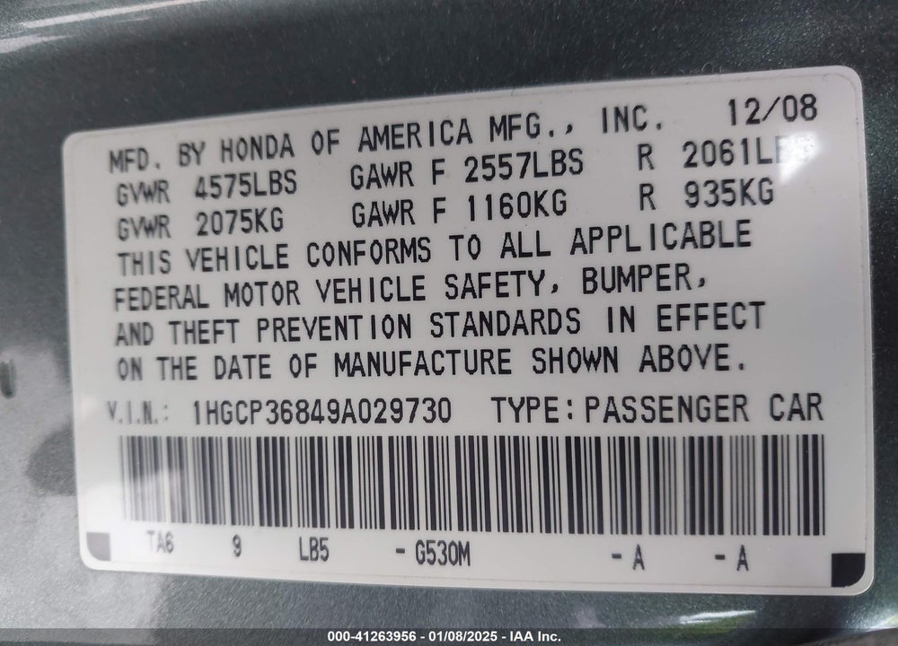 2009 HONDA ACCORD 3.5 EX-L VIN: 1HGCP36849A029730