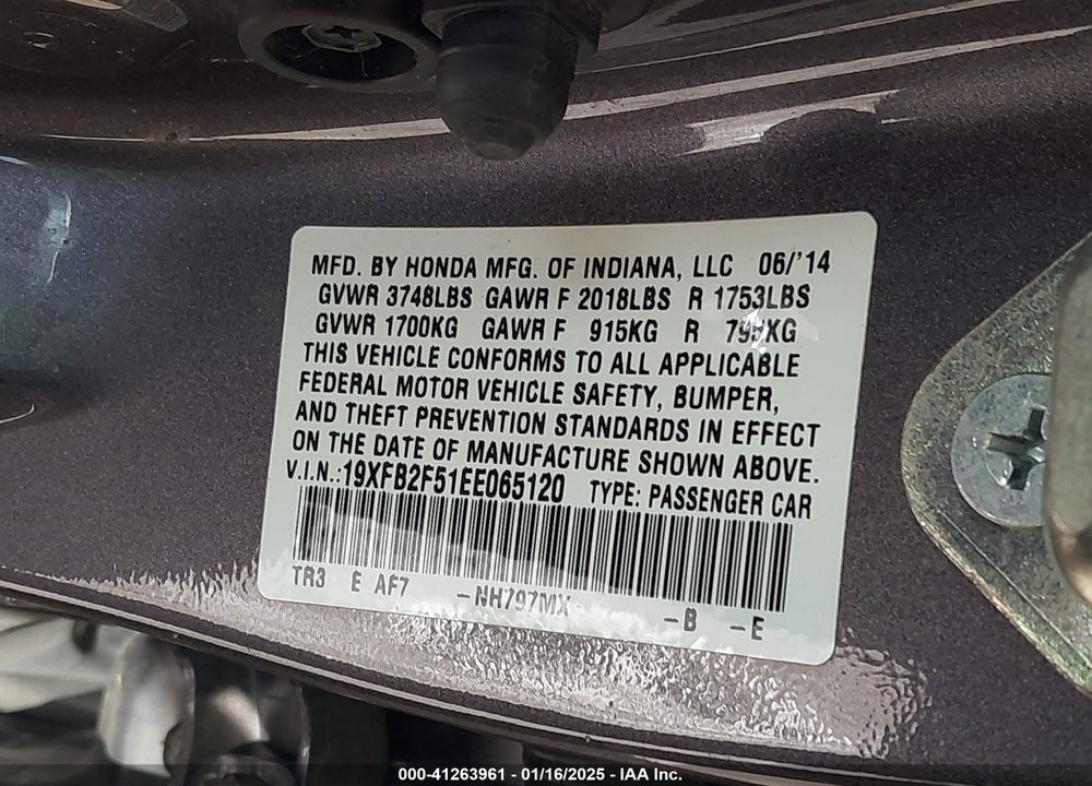 2014 HONDA CIVIC VIN: 19XFB2F51EE065120