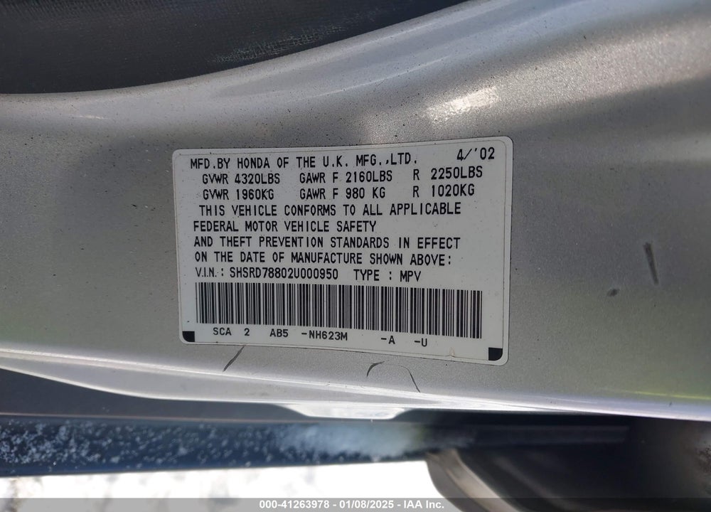 2002 HONDA CR-V EX VIN: SHSRD78802U000950