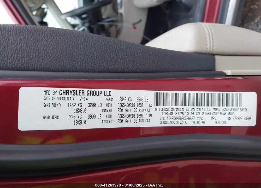 2014 DODGE DURANGO SXT VIN: 1C4RDHAG9EC576097
