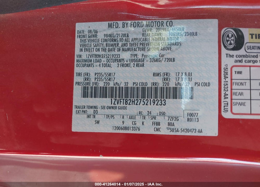 2007 FORD MUSTANG VIN: 1ZVFT82H275219233