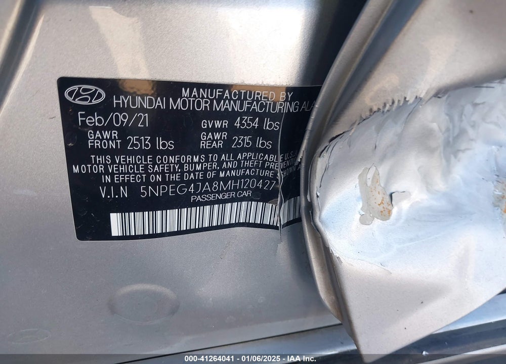 2021 HYUNDAI SONATA VIN: 5NPEG4JA8MH120427