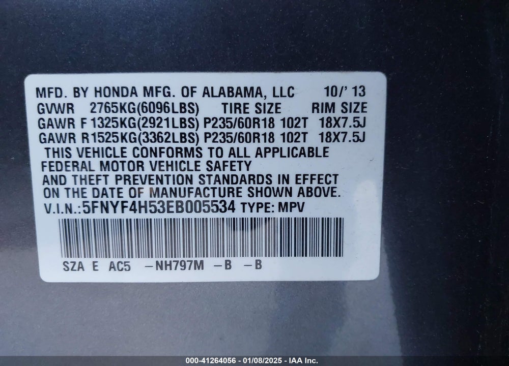 2014 HONDA PILOT EX-L VIN: 5FNYF4H53EB005534