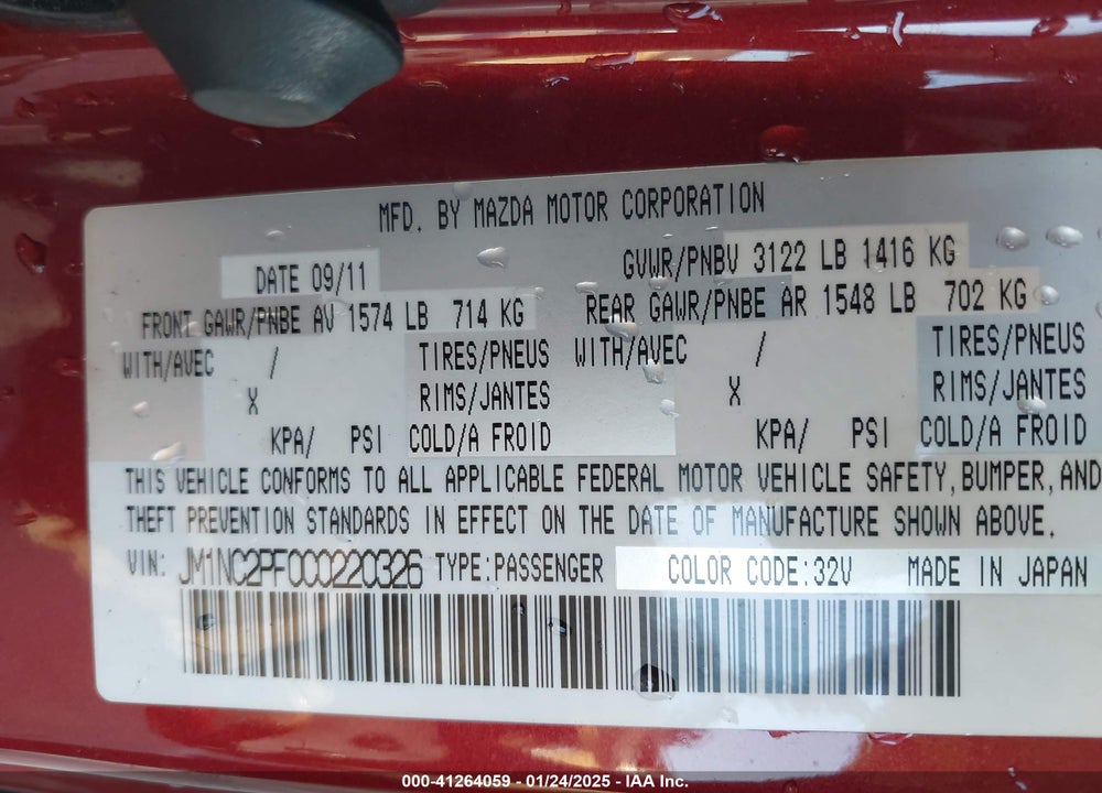 2012 MAZDA MX-5 MIATA VIN: JM1NC2PF0C0220326