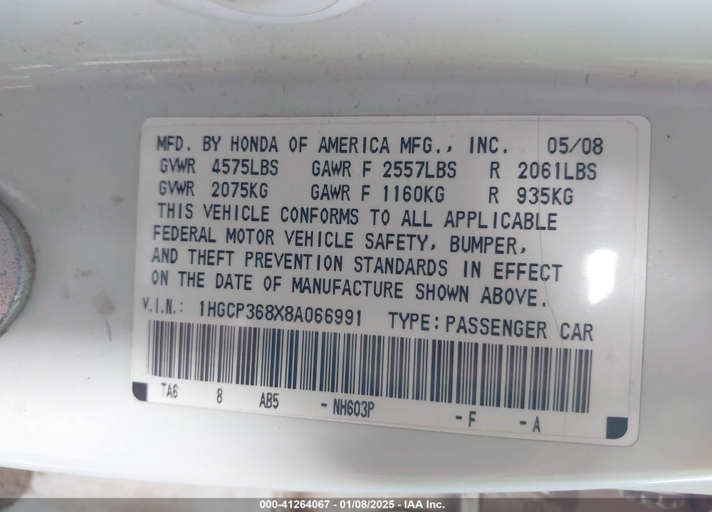 2008 HONDA ACCORD VIN: 1HGCP368X8A066991