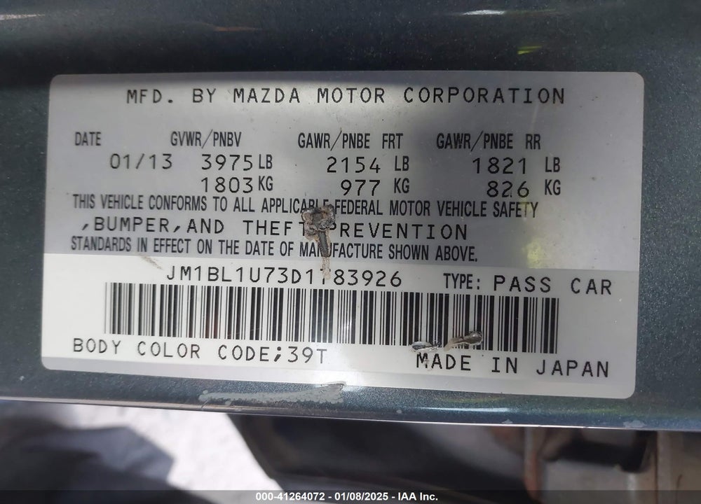 2013 MAZDA 3 I SPORT VIN: JM1BL1U73D1783926