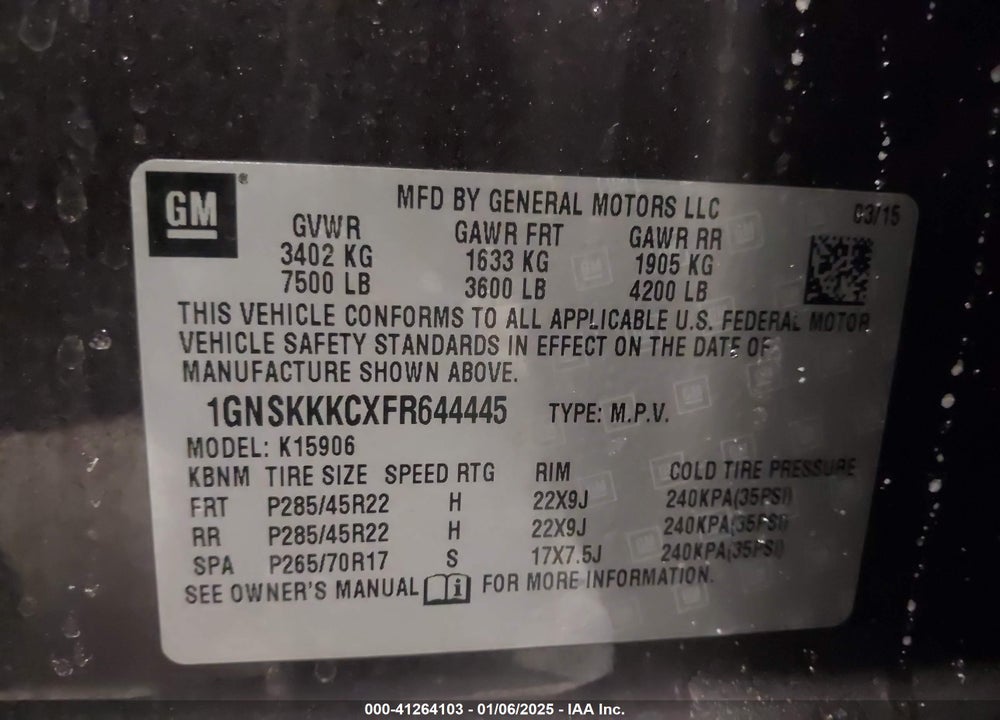 2015 CHEVROLET SUBURBAN 1500 LTZ VIN: 1GNSKKKCXFR644445