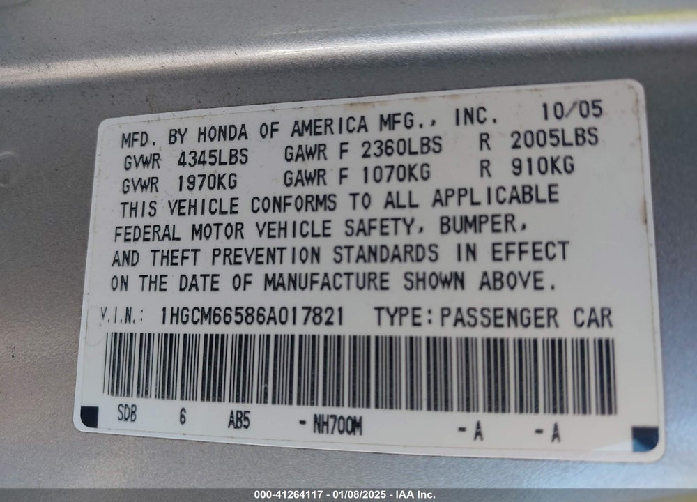 2006 HONDA ACCORD 3.0 EX VIN: 1HGCM66586A017821