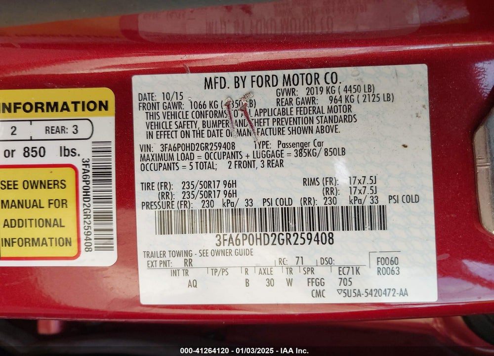2016 FORD FUSION SE VIN: 3FA6P0HD2GR259408