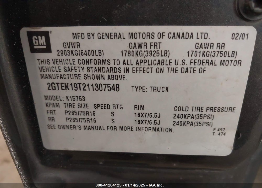 2001 GMC SIERRA 1500 SLE VIN: 2GTEK19T211307548