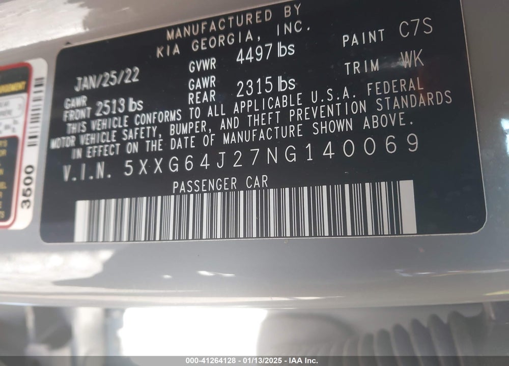 2022 KIA K5 VIN: 5XXG64J27NG140069