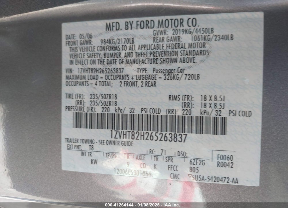2006 FORD MUSTANG VIN: 1ZVHT82H265263837