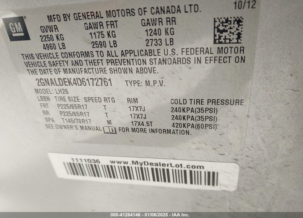 2013 CHEVROLET EQUINOX 1LT VIN: 2GNALDEK4D6172761