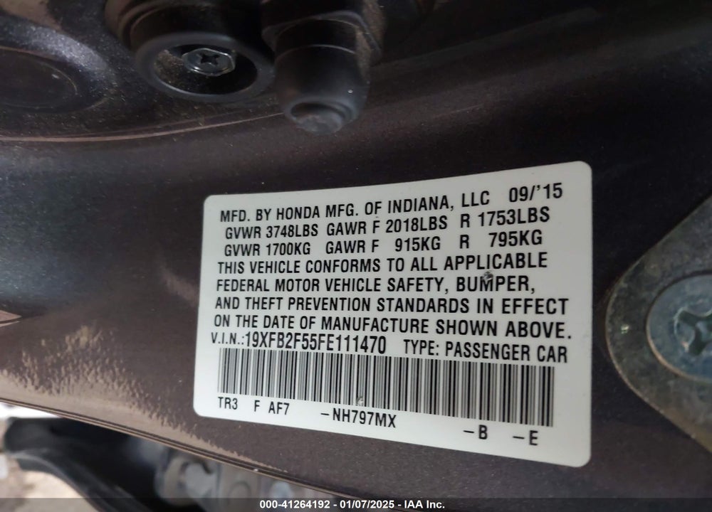 2015 HONDA CIVIC VIN: 19XFB2F55FE111470